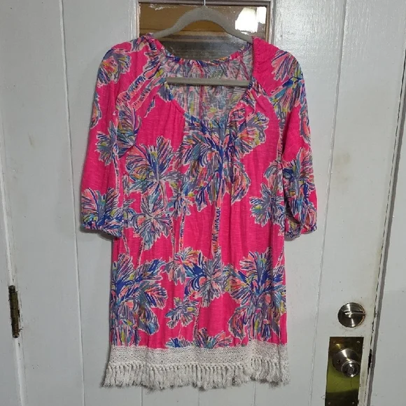 Lilly Pulitzer Alia Beach Cover-Up Loungewear Vibrant Colors Palm Trees Sz S EUC - Picture 1 of 9